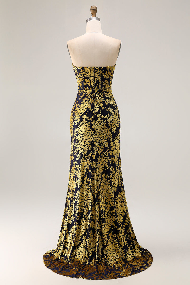 Load image into Gallery viewer, Floral Peacock Green Mermaid Strapless Long Formal Dress with Slit