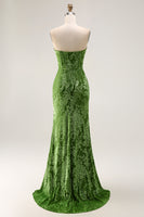 Load image into Gallery viewer, Floral Peacock Green Mermaid Strapless Long Formal Dress with Slit