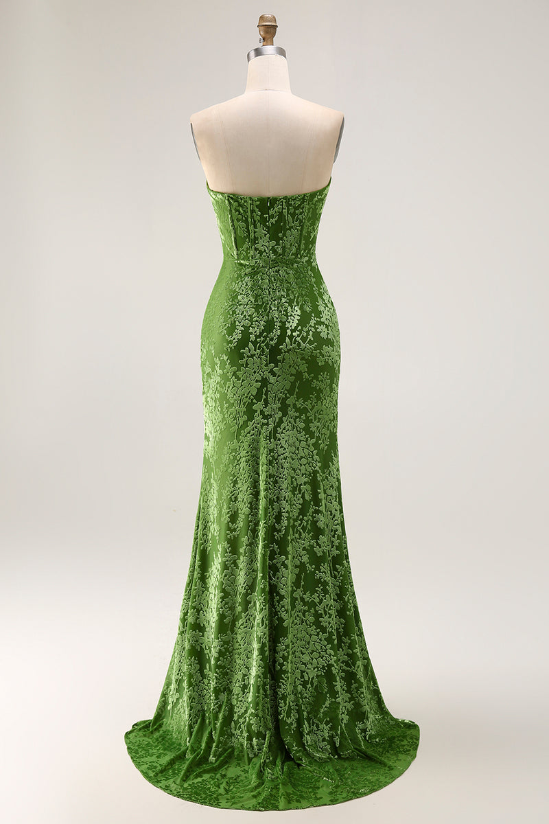 Load image into Gallery viewer, Floral Peacock Green Mermaid Strapless Long Formal Dress with Slit
