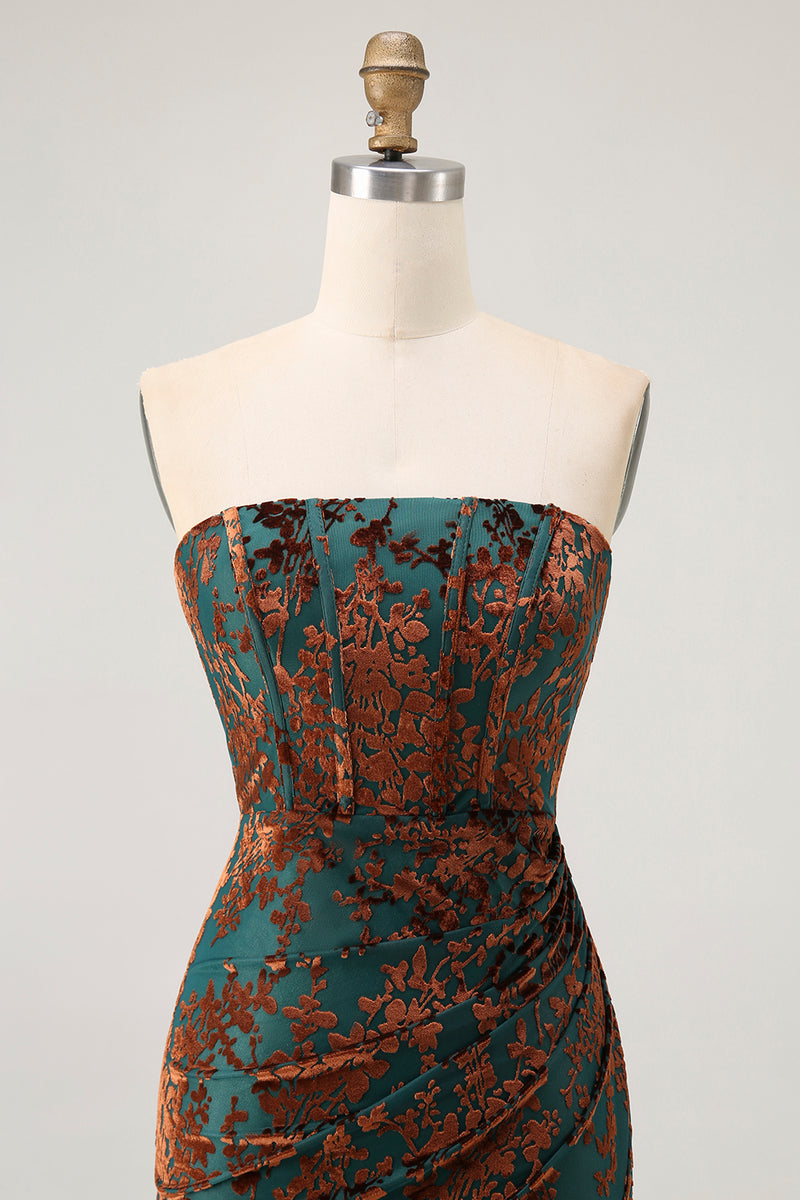 Load image into Gallery viewer, Floral Peacock Green Mermaid Strapless Long Formal Dress with Slit