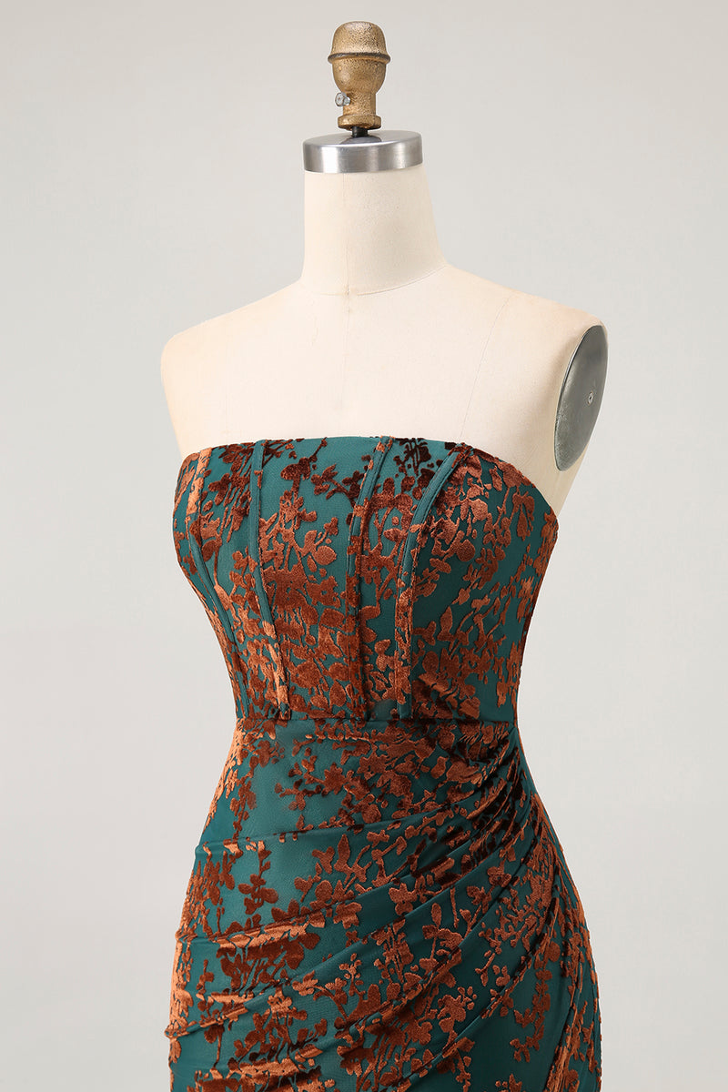 Load image into Gallery viewer, Floral Peacock Green Mermaid Strapless Long Formal Dress with Slit