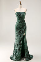 Load image into Gallery viewer, Floral Peacock Green Mermaid Strapless Long Formal Dress with Slit