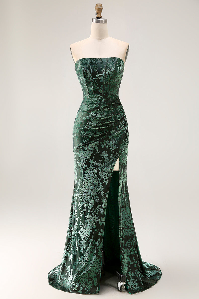 Load image into Gallery viewer, Floral Peacock Green Mermaid Strapless Long Formal Dress with Slit