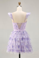 Load image into Gallery viewer, Floral Lilac A Line Tiered Cap Sleeves Short Corset Homecoming Dress