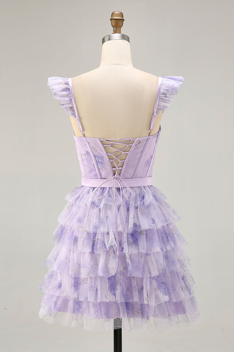 Load image into Gallery viewer, Floral Lilac A Line Tiered Cap Sleeves Short Corset Homecoming Dress