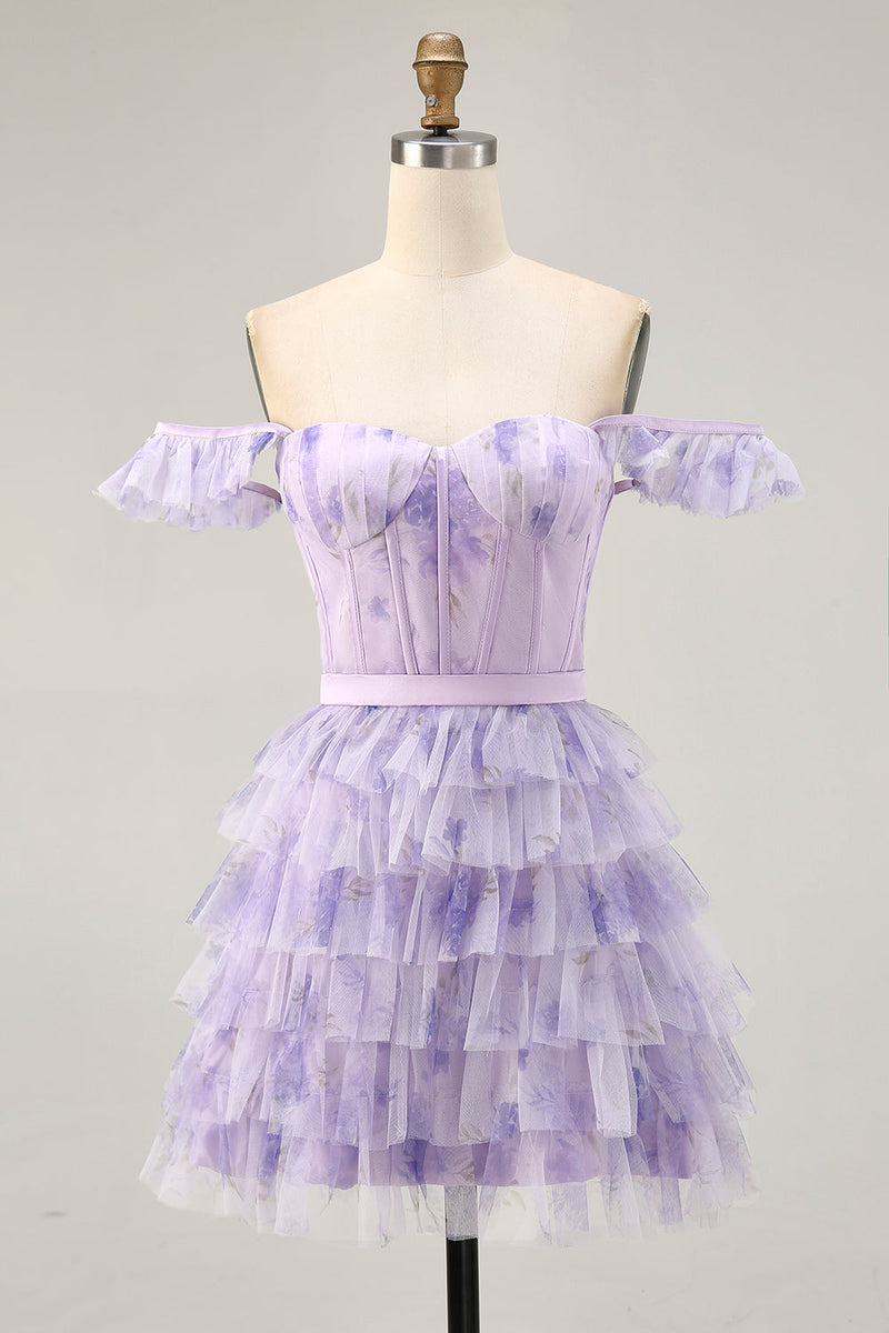 Load image into Gallery viewer, Floral Lilac A Line Tiered Cap Sleeves Short Corset Homecoming Dress
