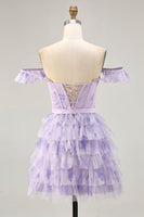 Load image into Gallery viewer, Floral Lilac A Line Tiered Cap Sleeves Short Corset Homecoming Dress