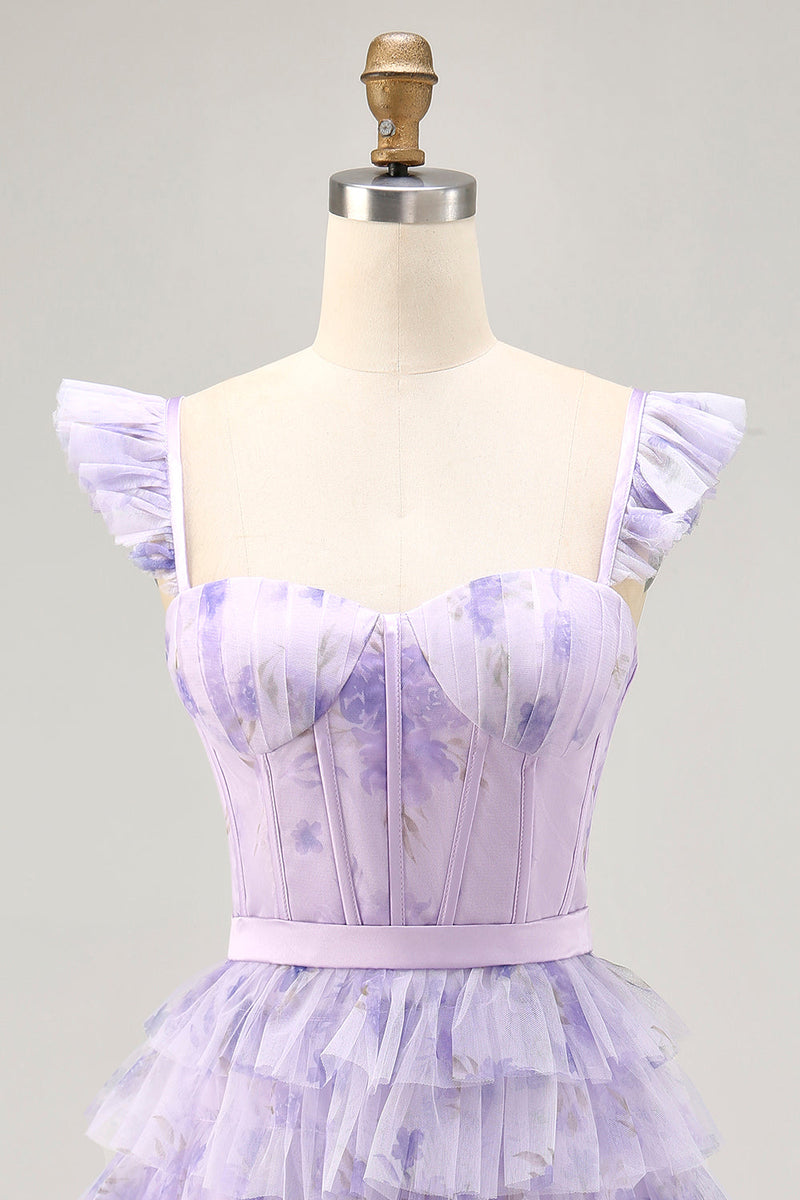 Load image into Gallery viewer, Floral Lilac A Line Tiered Cap Sleeves Short Corset Homecoming Dress