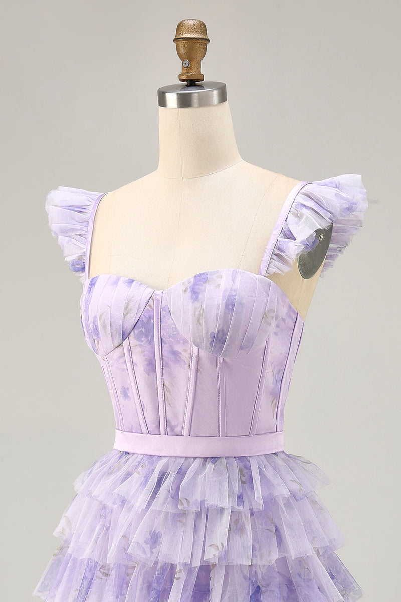 Load image into Gallery viewer, Floral Lilac A Line Tiered Cap Sleeves Short Corset Homecoming Dress