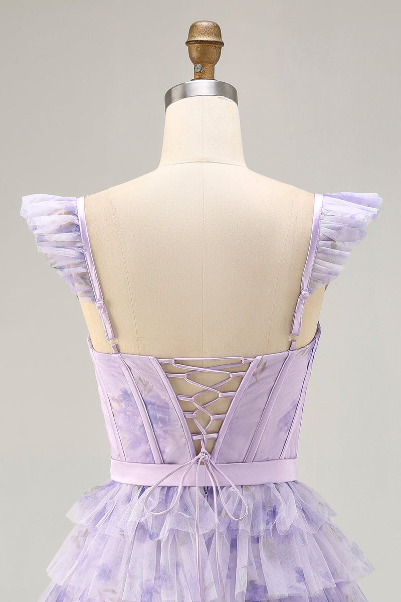 Load image into Gallery viewer, Floral Lilac A Line Tiered Cap Sleeves Short Corset Homecoming Dress
