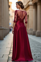 Load image into Gallery viewer, Dark Red Satin A Line Illusion Neck Mother of the Bride Dress with Appliques