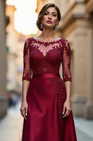 Load image into Gallery viewer, Dark Red Satin A Line Illusion Neck Mother of the Bride Dress with Appliques