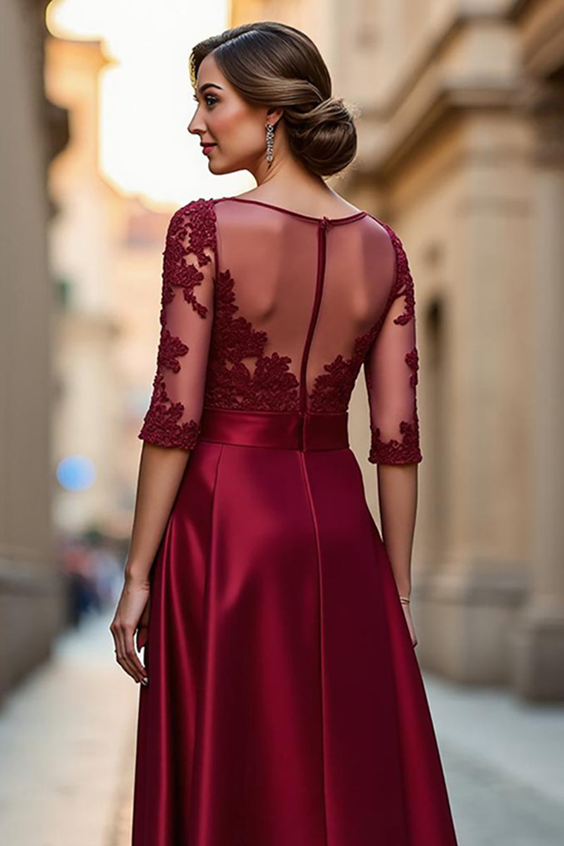 Load image into Gallery viewer, Dark Red Satin A Line Illusion Neck Mother of the Bride Dress with Appliques