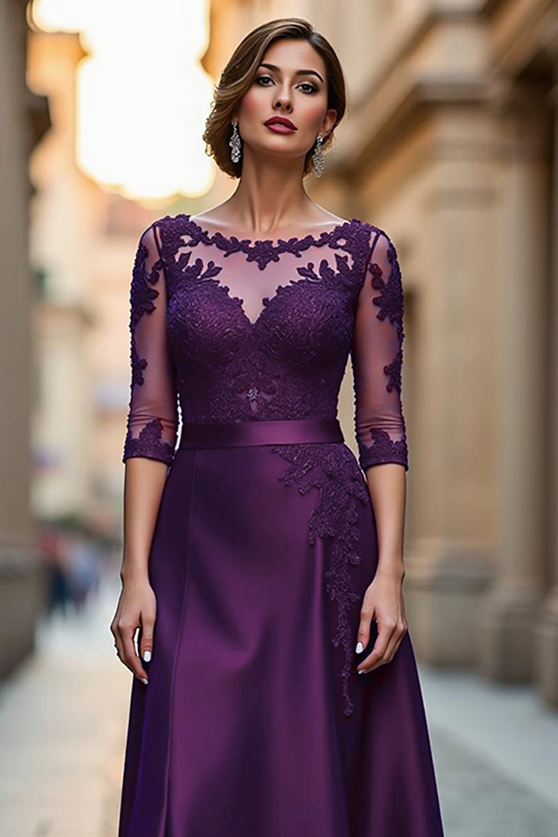 Load image into Gallery viewer, Dark Red Satin A Line Illusion Neck Mother of the Bride Dress with Appliques