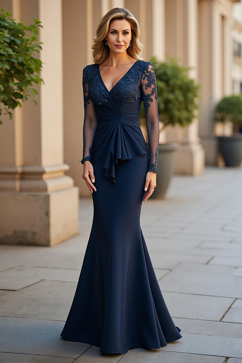 Load image into Gallery viewer, Navy Mermaid V-Neck Ruched Long Mother of the Bride Dress with Appliques