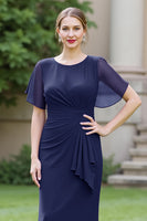 Load image into Gallery viewer, Black Sheath Ruched Round Neck Maxi Mother of the Bride Dress