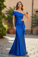 Load image into Gallery viewer, Mermaid Royal Blue Satin Ruched One Shoulder Mother of the Bride Dress