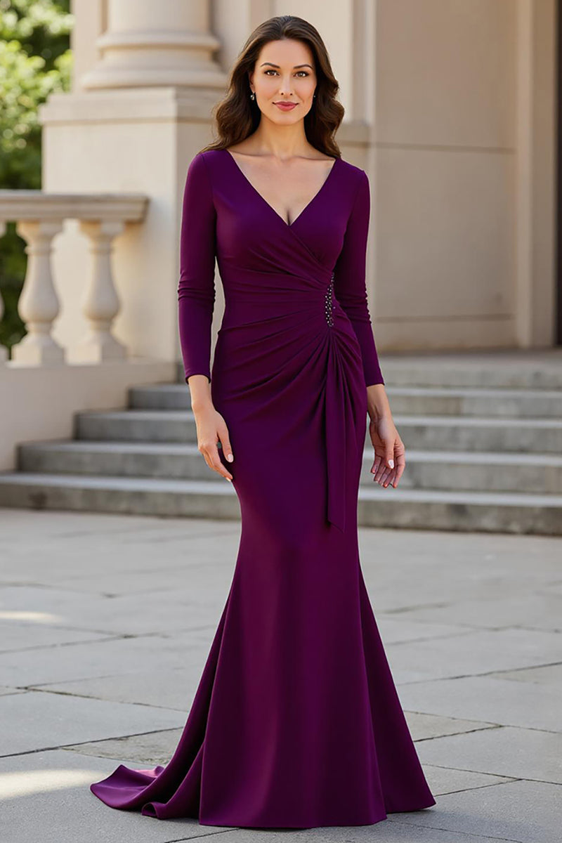 Load image into Gallery viewer, Burgundy Mermaid Satin V-Neck Long Mother of the Bride Dress