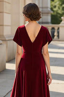 Load image into Gallery viewer, A Line Burgundy Satin V-Neck Ruched Mother of the Bride Dress