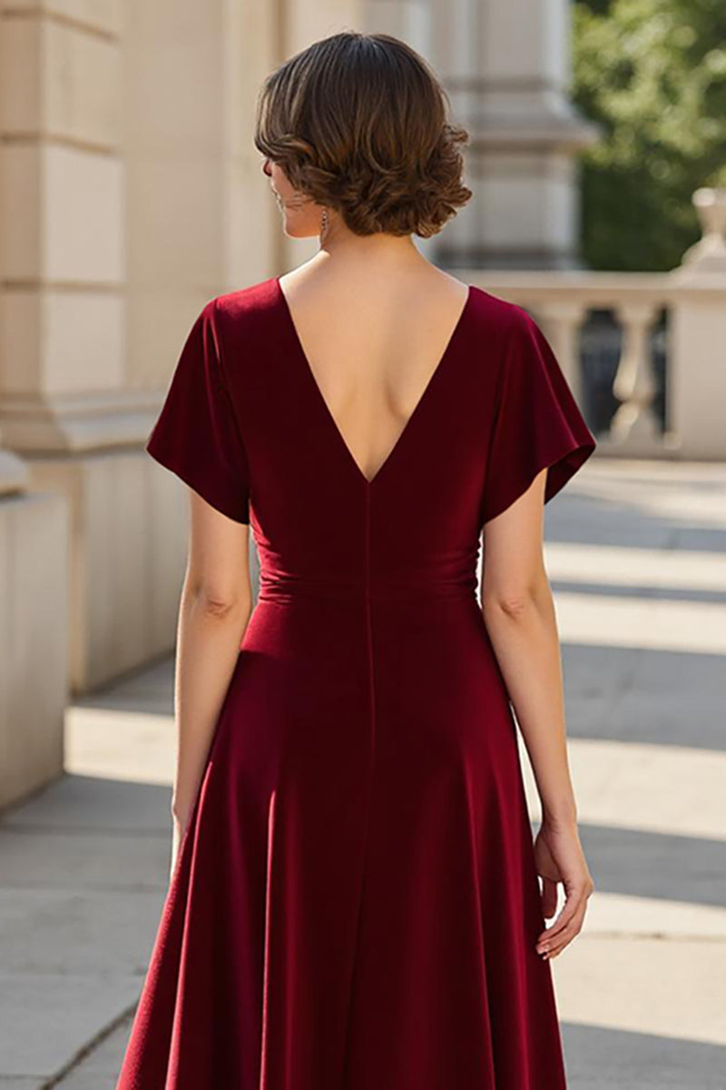 Load image into Gallery viewer, A Line Burgundy Satin V-Neck Ruched Mother of the Bride Dress