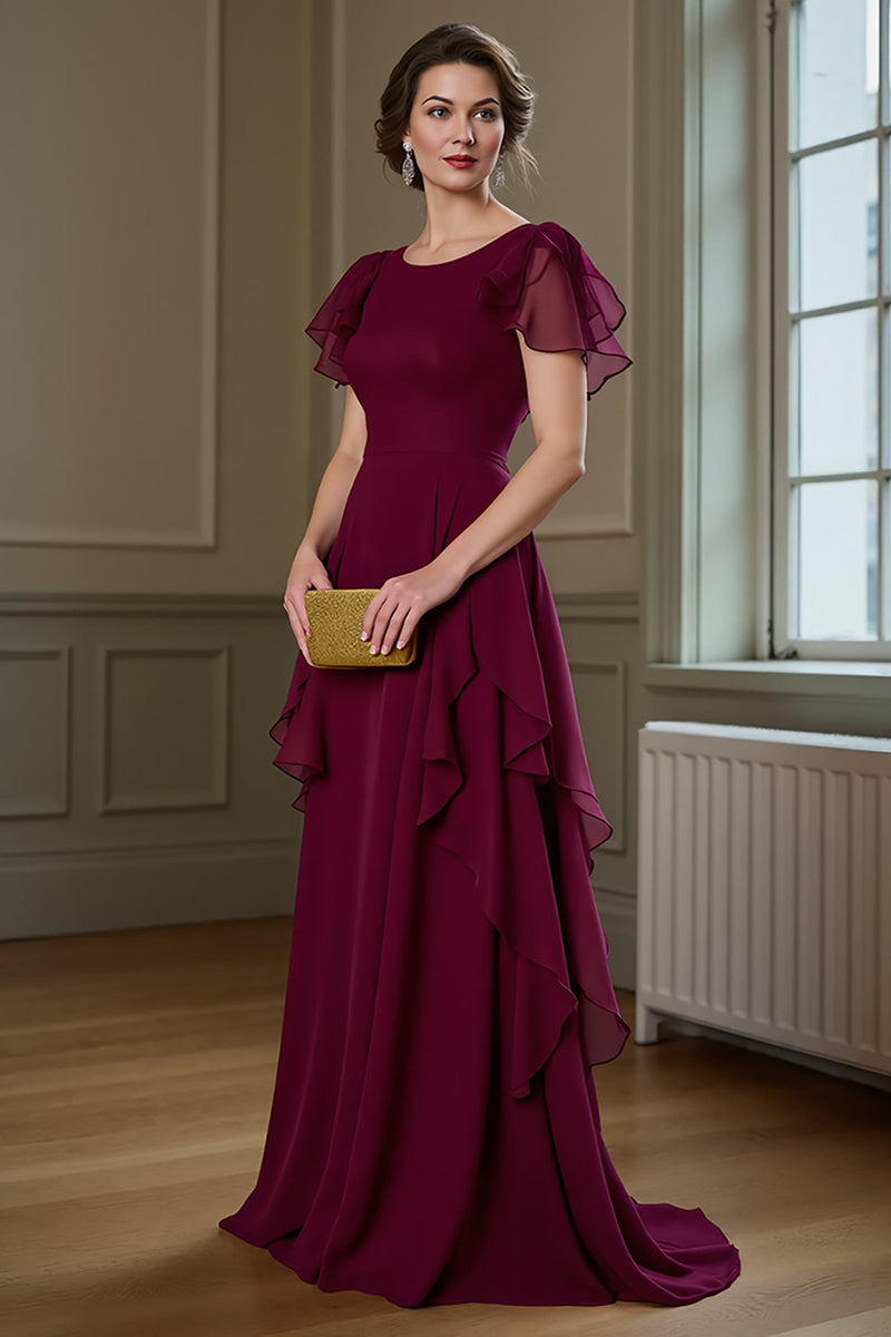 Load image into Gallery viewer, Burgundy Chiffon A Line Ruffled Round Neck Long Mother of the Bride Dress