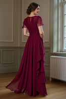 Load image into Gallery viewer, Burgundy Chiffon A Line Ruffled Round Neck Long Mother of the Bride Dress