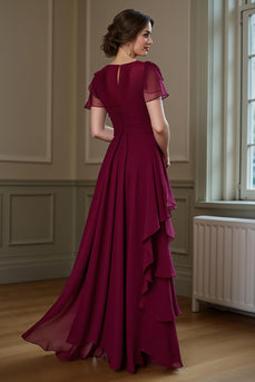 Burgundy Chiffon A Line Ruffled Round Neck Long Mother of the Bride Dress