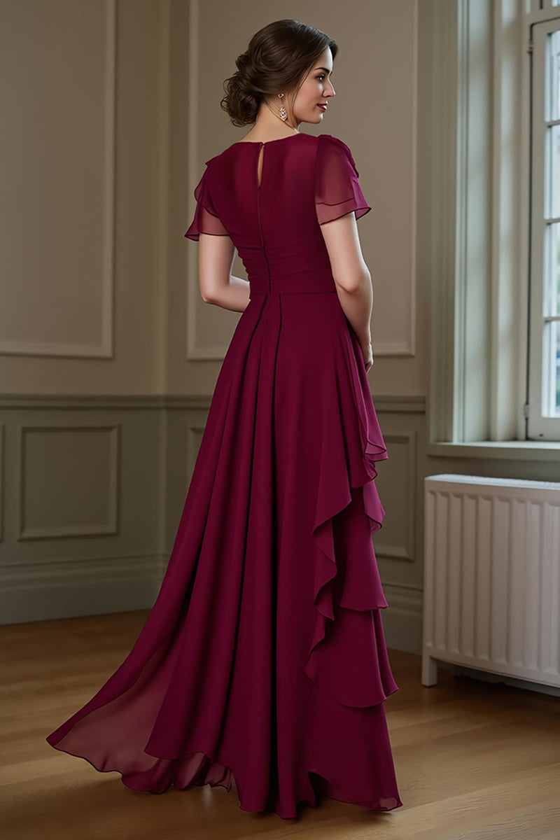 Load image into Gallery viewer, Burgundy Chiffon A Line Ruffled Round Neck Long Mother of the Bride Dress