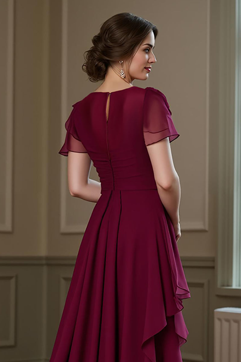 Load image into Gallery viewer, Burgundy Chiffon A Line Ruffled Round Neck Long Mother of the Bride Dress