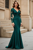 Load image into Gallery viewer, Mermaid Pine V-Neck Satin Long Sleeves Mother of the Bride Dress