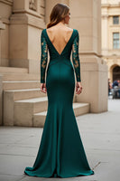 Load image into Gallery viewer, Mermaid Pine V-Neck Satin Long Sleeves Mother of the Bride Dress