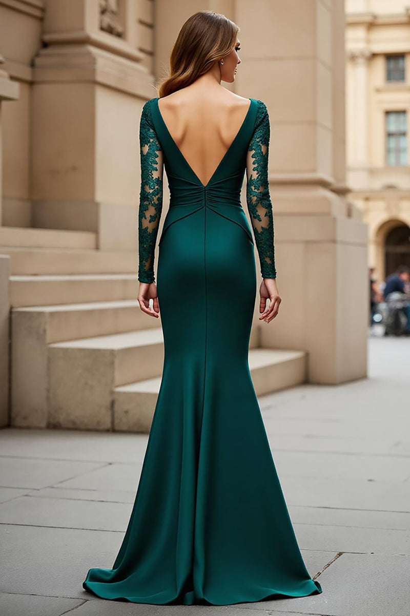 Load image into Gallery viewer, Mermaid Pine V-Neck Satin Long Sleeves Mother of the Bride Dress