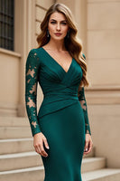 Load image into Gallery viewer, Mermaid Pine V-Neck Satin Long Sleeves Mother of the Bride Dress