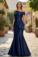 Load image into Gallery viewer, Navy Mermaid Satin One Shoulder Ruched Mother of the Bride Dress