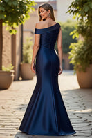 Load image into Gallery viewer, Navy Mermaid Satin One Shoulder Ruched Mother of the Bride Dress
