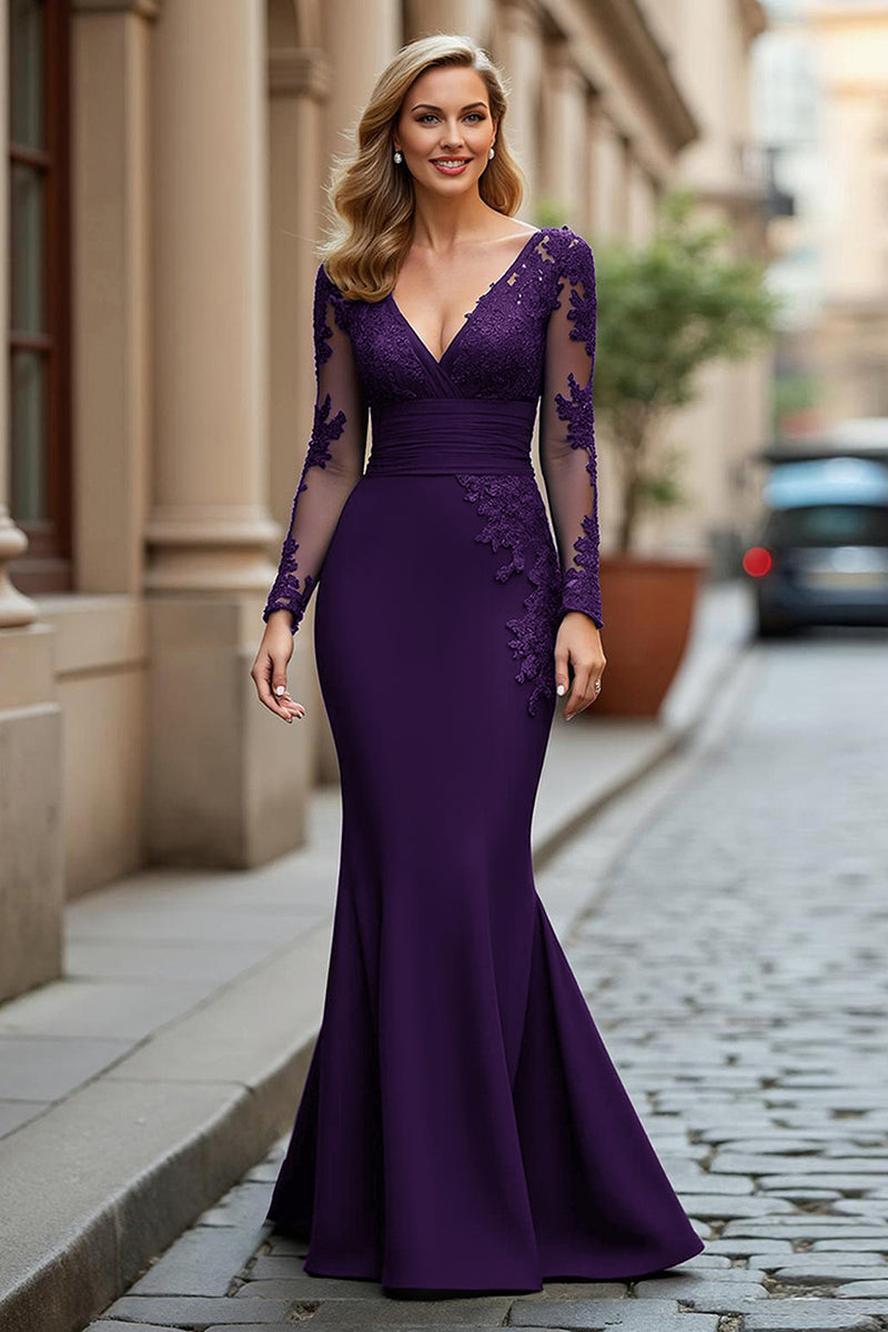 Load image into Gallery viewer, Queendancer Women Plum Mermaid Long Sleeves Mother of the Bride Dress with Appliques Ruched V-Neck Formal Dress