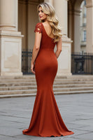 Load image into Gallery viewer, Rust Satin Mermaid Square Neck Mother of the Bride Dress with Appliques