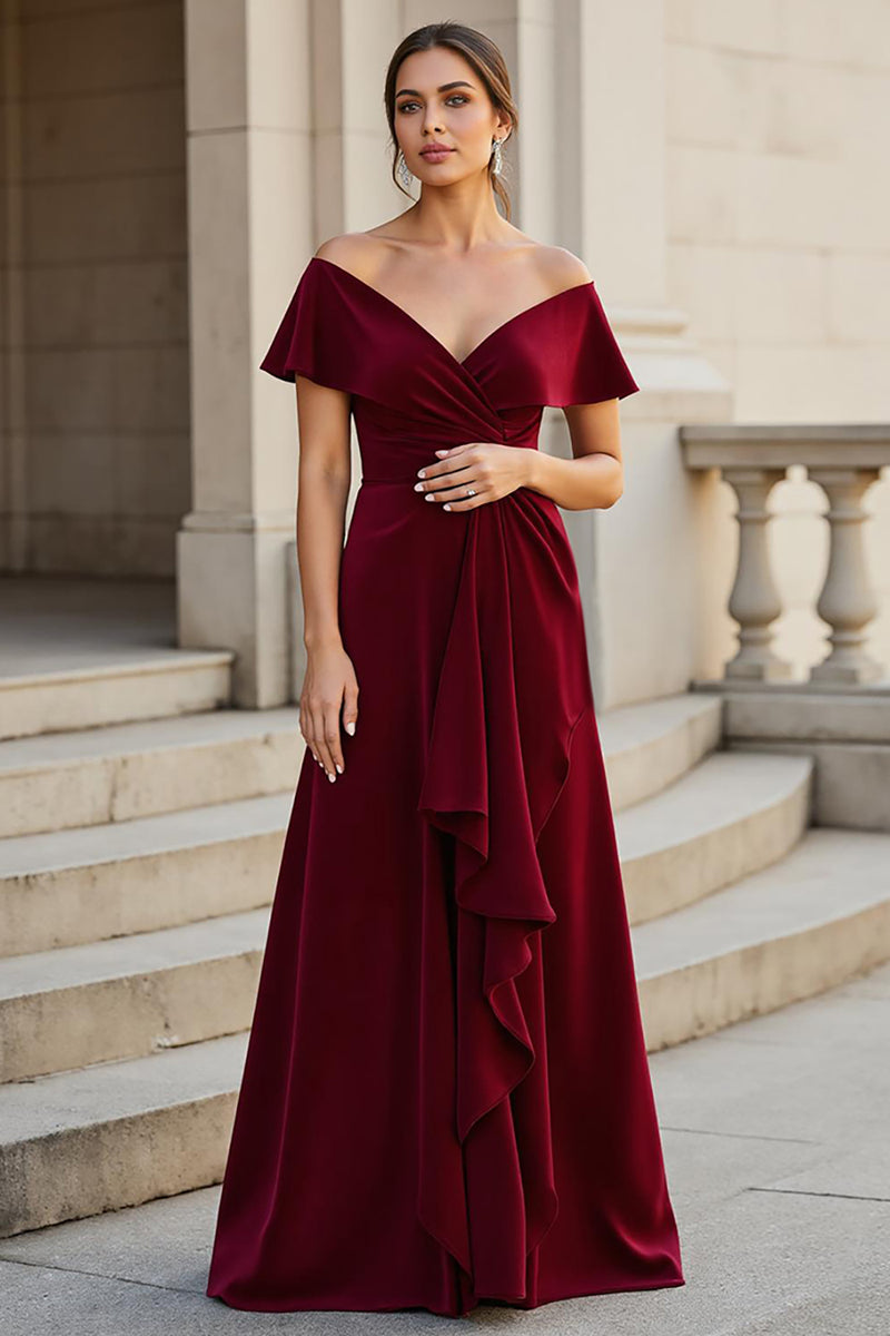 Load image into Gallery viewer, A Line Burgundy V-Neck Satin Mother of the Bride Dress with Ruffles