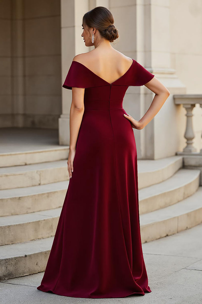 Load image into Gallery viewer, A Line Burgundy V-Neck Satin Mother of the Bride Dress with Ruffles
