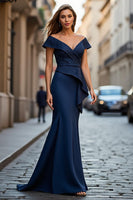 Load image into Gallery viewer, Sparkly Navy Mermaid Off the Shoulder Long Mother of the Bride Dress