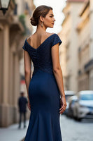 Load image into Gallery viewer, Sparkly Navy Mermaid Off the Shoulder Long Mother of the Bride Dress