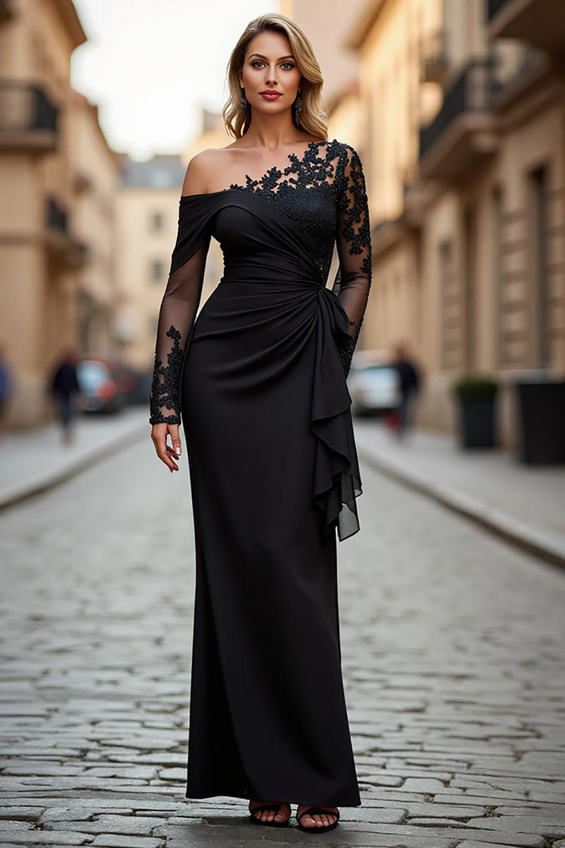 Load image into Gallery viewer, Queendancer Women Black Sheath Long Sleeves Mother of the Bride Dress with Appliques One Shoulder Ruched Formal Dress