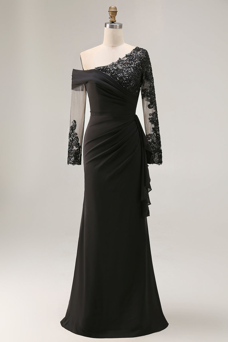 Load image into Gallery viewer, Black Sheath One Shoulder Ruched Long Sleeves Mother of the Bride Dress