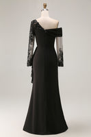 Load image into Gallery viewer, Black One Shoulder Ruched Long Sleeves Mother of the Bride Dress with Appliques