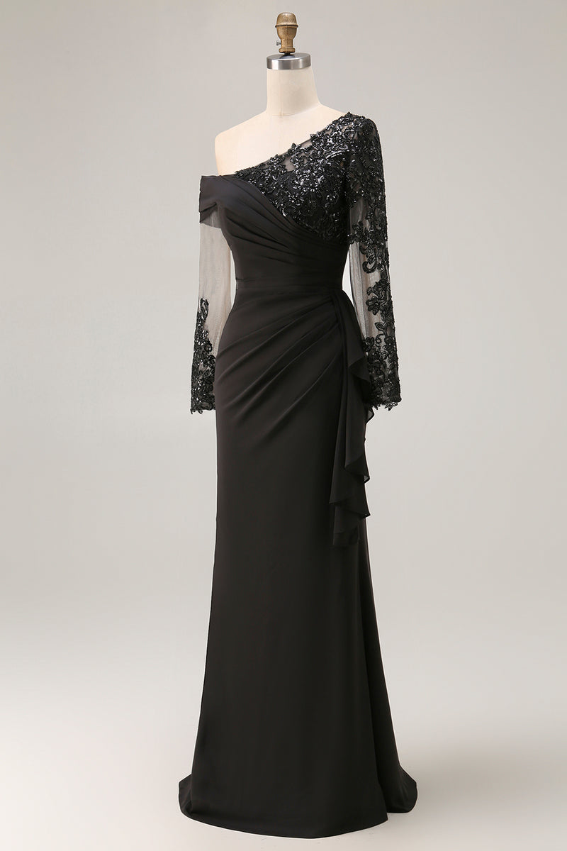 Load image into Gallery viewer, Black One Shoulder Ruched Long Sleeves Mother of the Bride Dress with Appliques