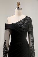 Load image into Gallery viewer, Black One Shoulder Ruched Long Sleeves Mother of the Bride Dress with Appliques