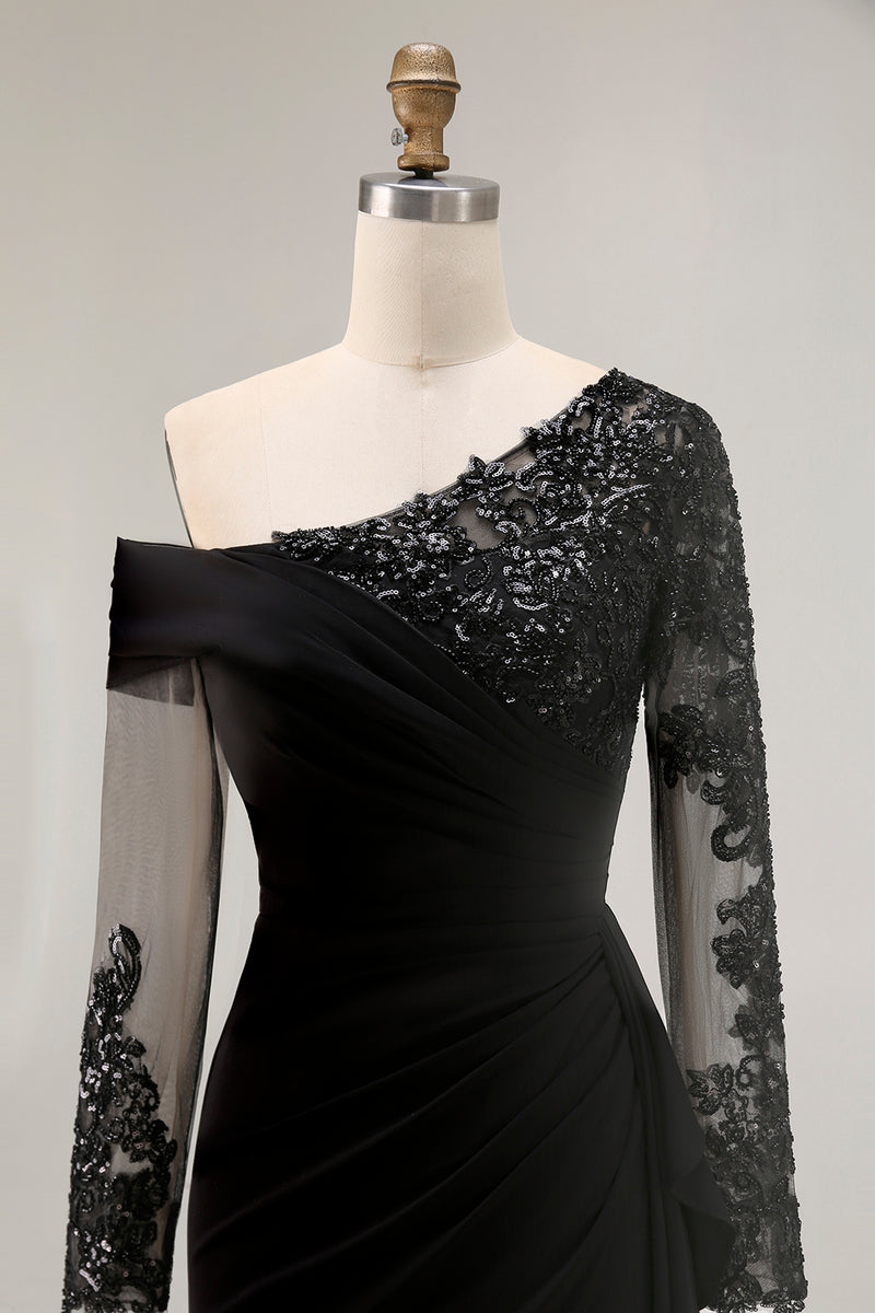 Load image into Gallery viewer, Black One Shoulder Ruched Long Sleeves Mother of the Bride Dress with Appliques