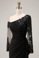 Load image into Gallery viewer, Black One Shoulder Ruched Long Sleeves Mother of the Bride Dress with Appliques