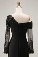 Load image into Gallery viewer, Black One Shoulder Ruched Long Sleeves Mother of the Bride Dress with Appliques