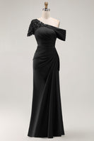 Load image into Gallery viewer, Black Sheath Ruched One Shoulder Long Mother of the Bride Dress with Appliques
